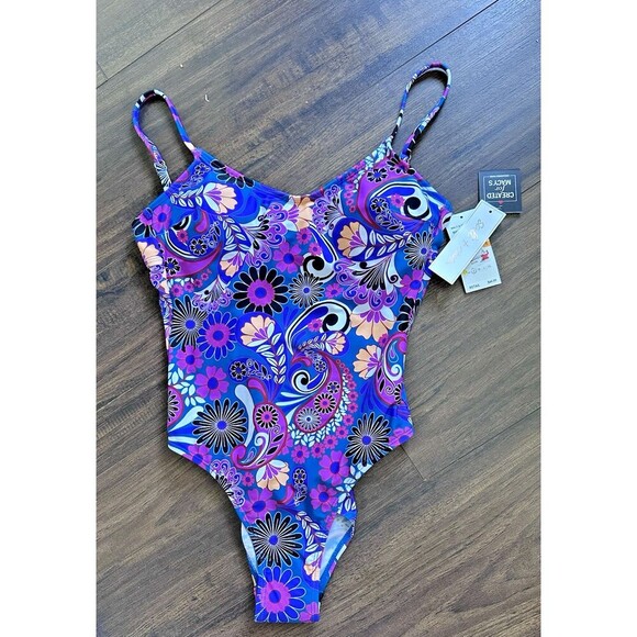 Salt + Cove Women's Floral-Print Tie closure at back One-Piece Swimsuit Purple S - Picture 4 of 10